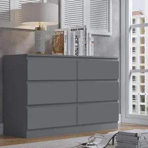 Dark Grey Chest Of 6 Drawers Scratch Resistant Bedroom Furniture