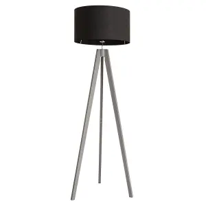 ValueLights Jackson Grey Wood Tripod Floor Lamp with Black Fabric Lamp Shade and LED Bulb