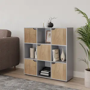 URBNLIVING 9 Cube Grey Wooden Bookcase Shelving Display Shelves Storage Unit Wood Shelf Oak Door