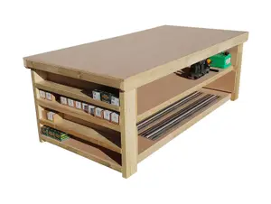 Workbench MDF top with extra shelving, very wide 4th depth table (H-90cm, D-120cm, L-150cm) with double shelf