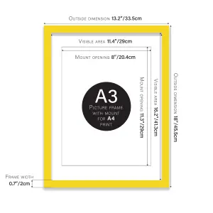 A3 Yellow Picture Frame With Mount for A4 (21 x 29.7cm -8.3 x 11.7in) Poster, Photo, Artwork, or Print.