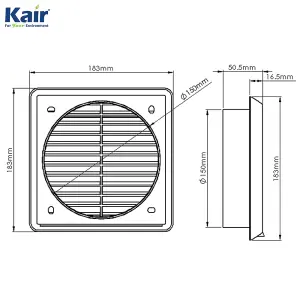 Kair White Louvred Wall Vent Grille 183mm External Dimension with Flyscreen and Round 150mm - 6 inch Rear Spigot