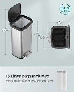 SONGMICS Big Rubbish Bin, Waste Bin, Tall and Large, Metal Waste Pedal Bin with Lid for Kitchen, Silver and Black