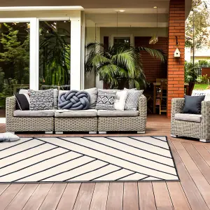 Large Garden Outdoor Rug For Patio, Black & Sand Geo-Lines  Waterproof Garden Rug 160 x 230cm