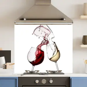 Toughened 6mm Glass Kitchen Splashback 90 x 65cm White Wine Glasses - Polished Heat Resistant Back Splash for Cookers Hob