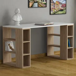 Simone Modern Desk with Built-in Bookcase – Stylish Workspace Desk with 6 Open Shelves Oak / White