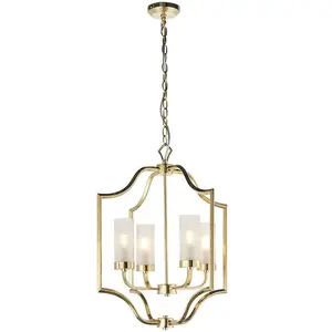 Hanging Ceiling Pendant Light Satin Brass & Frosted Glass 4 Bulb Classic Feature