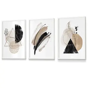 Set of 3 Abstract Black Beige Watercolour Shapes Wall Art Prints / 30x42cm (A3) / White Frame