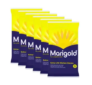 Marigold Extra Life Yellow Cotton Lined Anti Slip Rubber Gloves Small Pack of 6