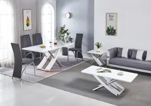 Modernique White MDF Marble Effect Dining Table with 4 Grey Faux Leather Chairs