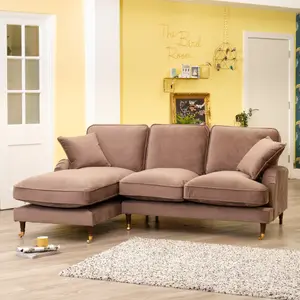 Mackenzie 217cm Wide Mole Taupe Left Hand Facing Velvet Fabric Corner Sofa with 160cm Deep Chaise