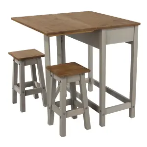 Corona breakfast drop leaf table & 2 stools SET, grey waxed and Antique waxed pine