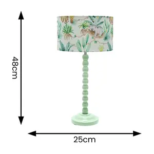 Sage Green Bobbin Stem Table Lamp with Tropical Drum Shade for Living Room Bedroom