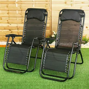 2x Zero Gravity Reclining Garden Chairs With Cup And Phone Holder, Outdoor Folding Sun loungers -  Black