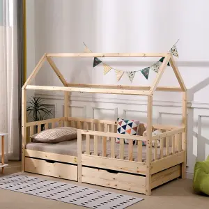 FurnitureHMD Wooden Kids Bed Frame,Solid Pine Wood,3 FT Single House Bed Frame,Chidren Floor Bed with Two Drawers