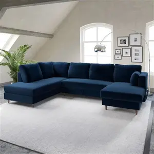 Navy Blue Velvet U-Shaped Left Hand Sofa Bed With Storage - Seats 6 - Boe