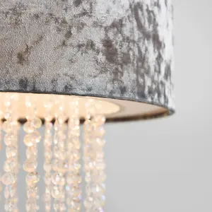 ValueLights Boland Silver Velvet Cylinder Ceiling Pendant Light Shade with Clear Acrylic Droplets