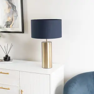 ValueLights Lexy Antique Brass Touch Table Lamp with Navy Blue Drum Shade