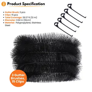 Gutter Brush Pack of 3 - Brush size 4m with 15 Gutter brush clips, Black Guttering Leaf Guard Total Length 12 m Stop Leaves Moss