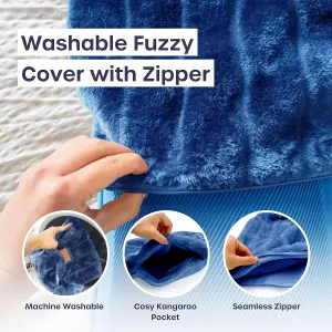 3.5L XXL Hot Water Bottle with Zipper & Hand Pocket Blue Faux Fur, Soft Washable Bag for Pain Relief, Warm Compress & Cozy Comfort