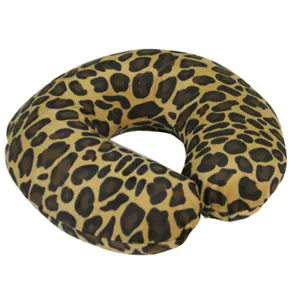 Memory Foam Neck Travel Cushion - Removeable Velour Cover - Tan Leopard Print