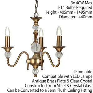 Diana Ceiling Pendant Chandelier Antique Brass & K9 Crystal Curved 3 Lamp Light