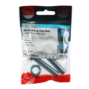 Timco - Set Screws & Hex Nuts - Grade 8.8 - Zinc (Size M12 x 50 - 2 Pieces)