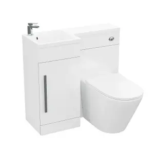 Nes Home Raven Left Hand 900mm Flat Pack Vanity Basin Unit, WC Unit & Ellis UF Back to Wall Toilet White