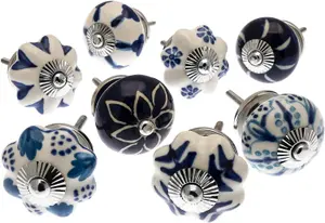 MangoTreeKnobs Hand Painted Door Knobs in Blue and White Set of 8 Drawer Pulls