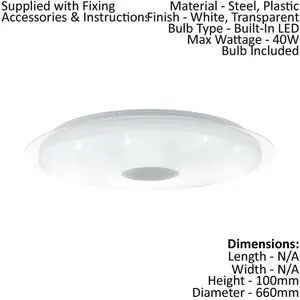 Wall Flush Ceiling Light White Shade White Silver Plastic Crystal Effect LED 40W