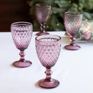 Set of 4 Vintage Luxury Red Diamond Embossed Drinking Wine Glass Wine Goblets 270ml