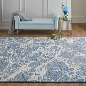 Modern Abstract Easy to Clean Handmade Blue Ivory Wool Rug for Living Room & Bedroom-120cm X 170cm