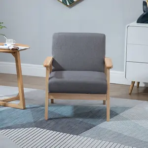 HOMCOM Accent Chair with Wood Frame Wide Seat Linen Armchair Grey