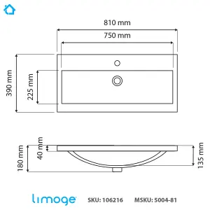 5004 Ceramic 80cm x 40cm Mid-Edge Inset Basin with Dipped Bowl