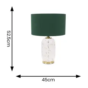 ValueLights India Gold Metal and White Confetti Glass Table Lamp with Forest Green Drum Lampshade - LED Bulb Included