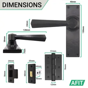 AFIT Black Iron Door Handle Latch Set - 6 Pairs of Black Antique Internal Handles, Hinges 76mm & Latches 64mm - Tudor Range