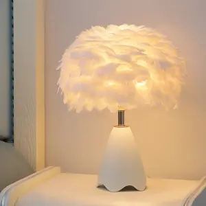 White Chic LED Feather Bedroom Bedside Table Lamp with Ceramic Base 30cm x 40cm