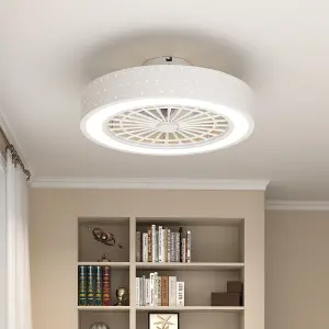 White Dia 48cm Round Acrylic Dot Lampshade Ceiling Mounted LED Fan Light, 5 Blades with Remote Controller