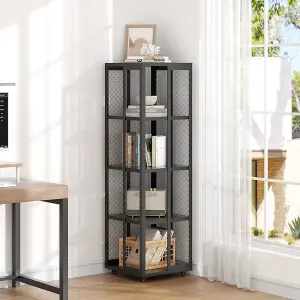 Steel Bookshelf Rack Black 4-Tier Bookcase Freestanding Storage Rack with Wheels