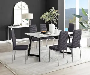 Furniturebox UK Carson White Marble Effect Dining Table & 6 Grey Velvet Milan Chairs