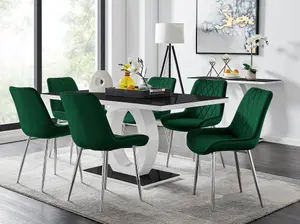 Giovani Rectangular 6 Seat White High Gloss Unique Halo Base Dining Table Black Glass Top 6 Green Velvet Silver Leg Pesaro Chairs