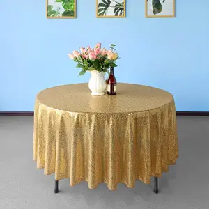 Neel Blue 50 Inch Round Sequin Tablecloth, Gold