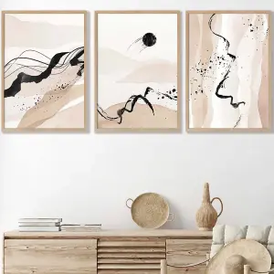 Set of 3 Beige Black Abstract Mountain Contours Wall Art Prints / 50x70cm / Oak Frame