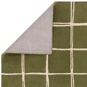 Olive Chequered Wool Modern Shaggy Handmade Rug For Living Room Bedroom & Dining Room-200cm X 290 cm