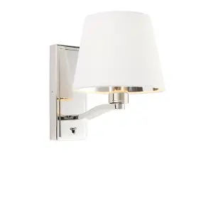 Luminosa Harvey Wall Lamp Bright Nickel Plate, Vintage White Fabric Round Shade With Usb Socket