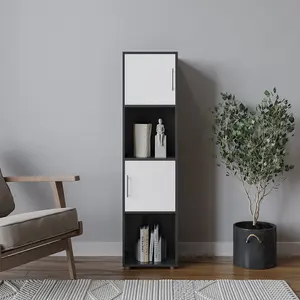 URBNLIVING 119cm Height 4 Cube Bookcase Black Wooden White Door Metal Handle Display Storage Shelf