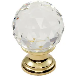 Faceted Crystal Cupboard Door Knob 25mm Dia Polished Brass Cabinet Handle