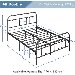 Yaheetech Black 4ft6 Double Vintage Metal Bed Frame with High Headboard and Footboard