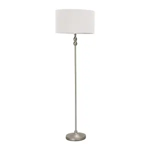 ValueLights Maggie Brushed Chrome Candlestick Floor Lamp with Grey Shade with LED Bulb