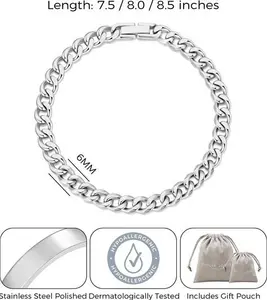 Men's 6mm Stainless Steel 7.5-8.5 Inch Curb Chain Bracelet By Philip Jones Jewellery 8 Inch